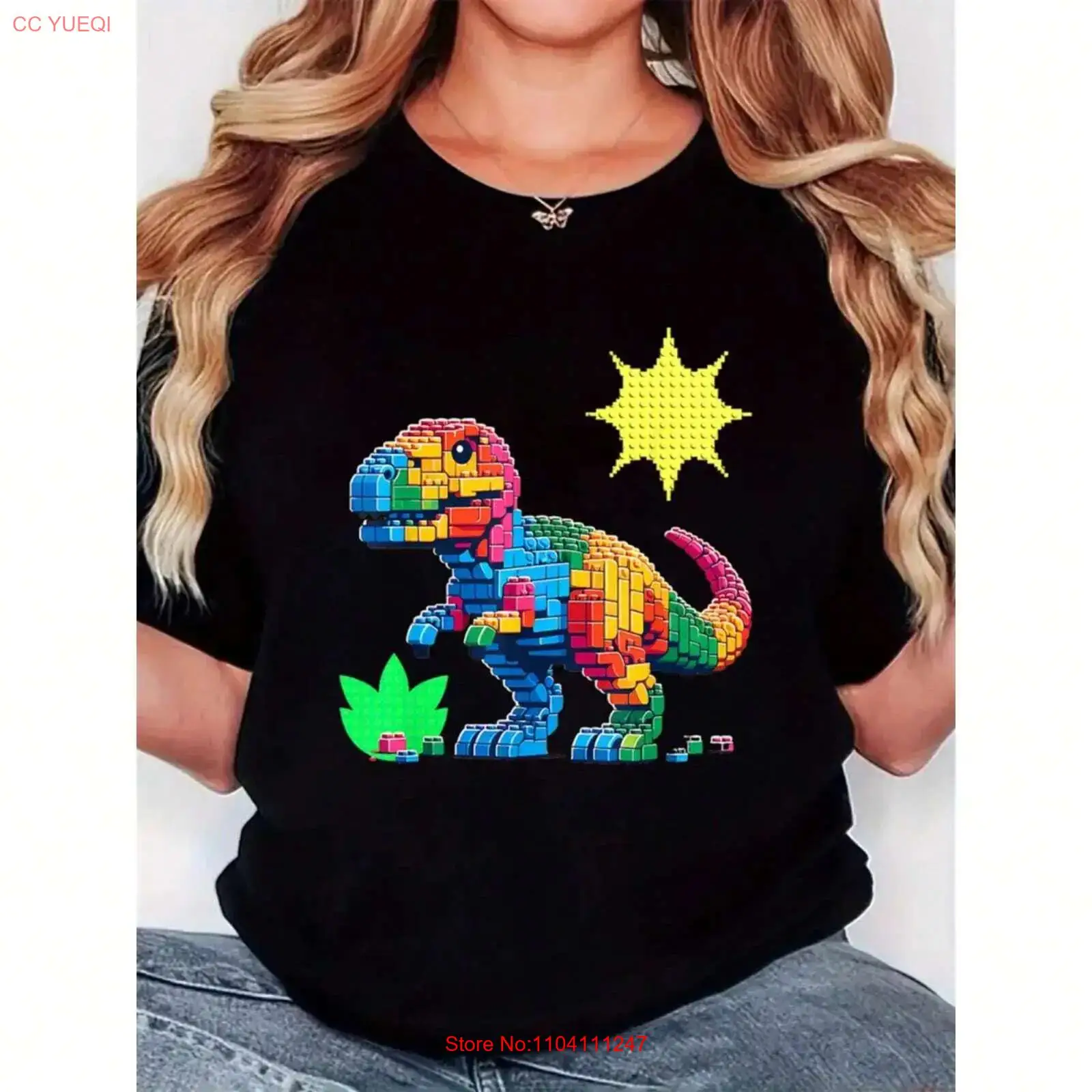 Vintage Fashion Build - Kadın tişörtü renkli yapı taşı dinozor