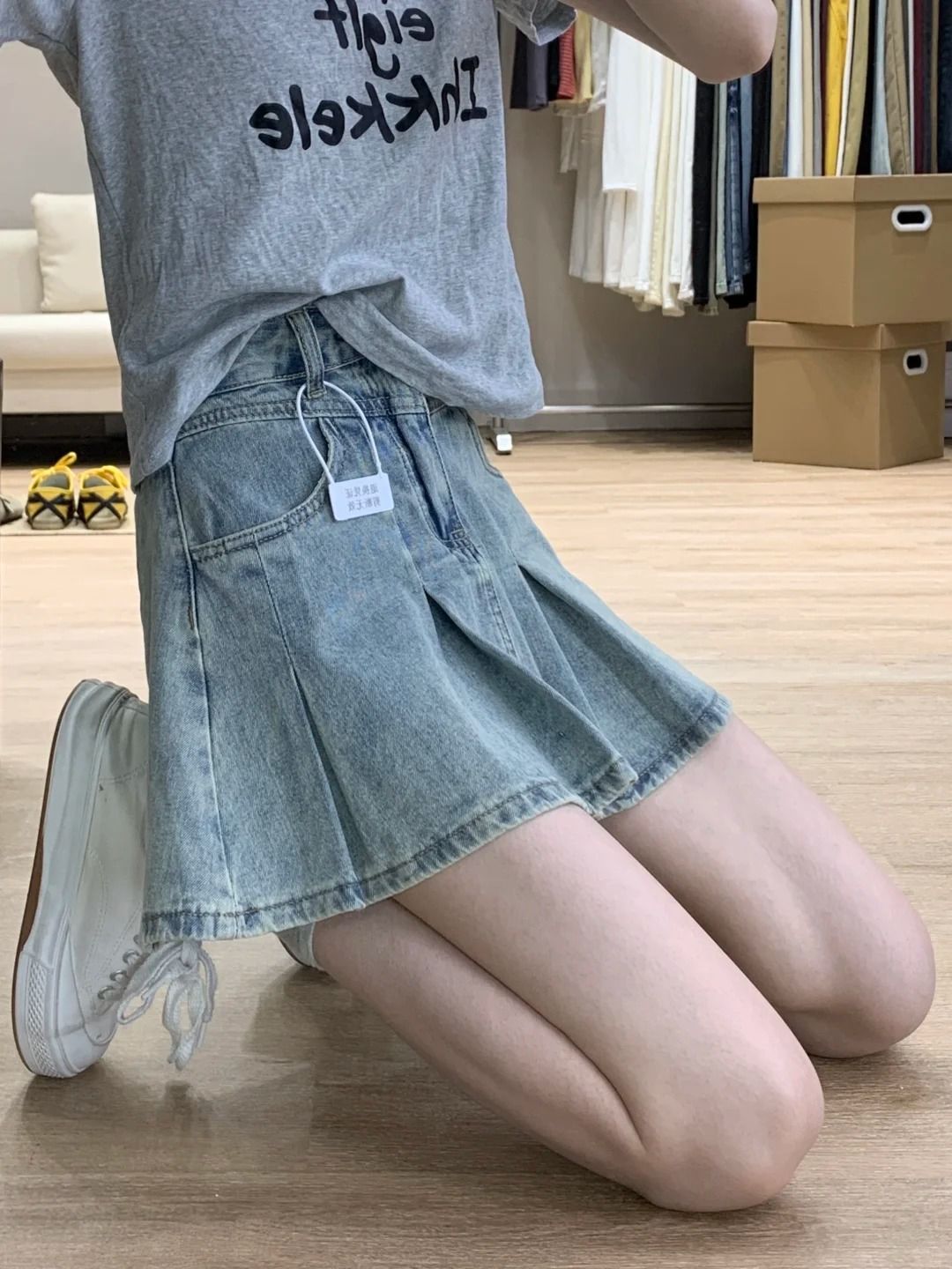 Vintage Fashion Jeans - Kadınlar Yüksek Bel Denim Pileli Etek