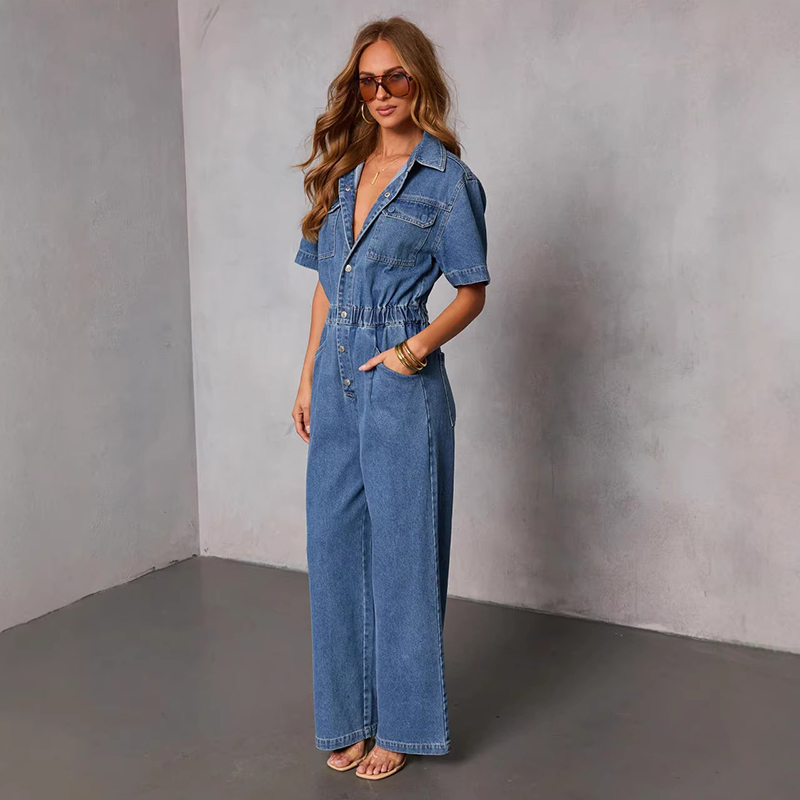 Vintage Fashion Jeans - Retro Moda Kısa Kollu Denim Tulumlar